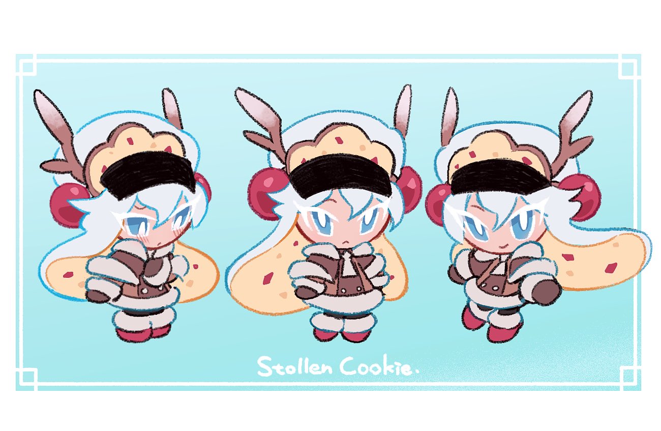 1girl, :<, antlers, blue_background, blue_eyes, blue_hair, blue_hat, border