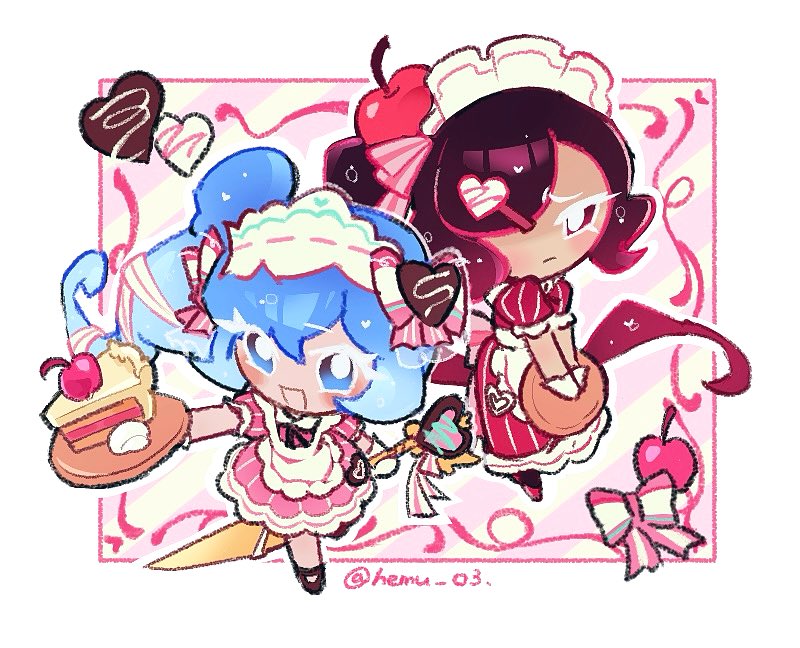 2girls, :d, apron, black_hair, black_shoes, blue_eyes, blue_hair, bow, cake, cake_slice, cherry, cherry_cola_cookie, chibi, colored_eyelashes, cookie_run, cookie_run:_ovenbreak, cream_soda_cookie, cream_soda_cookie_(desserts_with_love), dress, food, fruit, full_body, holding, holding_plate, holding_weapon, long_hair, looking_at_viewer, maid_headdress, multiple_girls, official_style, pink_bow, pink_dress, pink_ribbon, plate, puffy_short_sleeves, puffy_sleeves, red_dress, red_eyes, red_hair, ribbon, shoes, short_sleeves, side_ponytail, simple_background, smile, standing, vania_(hemu_03), weapon, white_apron, white_background