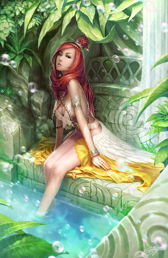 black_eyes, bracelet, breasts, bubble, bun_cover, cleavage, dress, feet_in_water, gotgituey, hair_bun, jewelry, large_breasts, lips, long_hair, necklace, original, realistic, red_hair, redhead, sitting, soaking_feet, solo, water