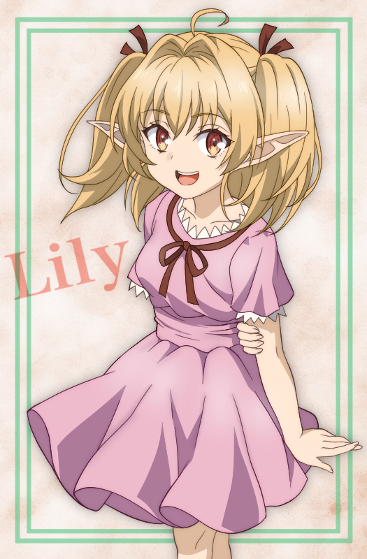 1girl, ahoge, arm_behind_back, blonde_hair, character_name, dress, isshun_de_chiryou_shiteita_noni_yakutatazu_to_tsuihou_sareta_tensai_chiyushi_yami_healer_toshite_tanoshiku_ikiru, lily_(yami_healer)
