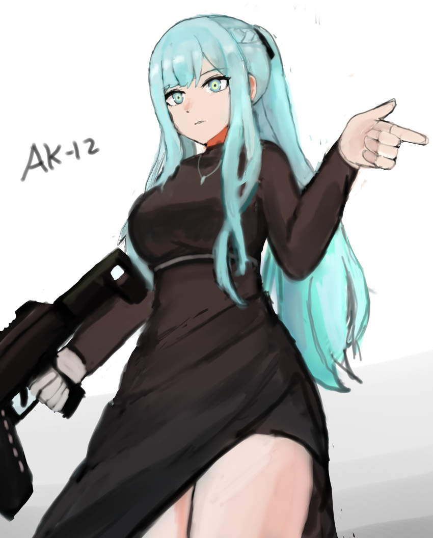 1girl, absurdres, ak-12, ak-12_(girls'_frontline), alternate_costume, alternate_eye_color, alternate_hair_color, aqua_eyes, aqua_hair, assault_rifle, black_dress, black_ribbon, braid, character_name, closed_mouth, dress, feet_out_of_frame, from_below, girls_frontline, grimm_hafr95, gun, hair_ribbon, hand_up, highres, holding, holding_gun, holding_weapon, jewelry, kalashnikov_rifle, long_hair, long_sleeves, looking_at_viewer, necklace, ponytail, ribbon, rifle, sidelocks, simple_background, solo, standing, weapon, white_background