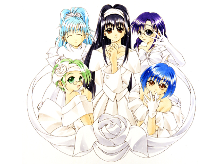 arm_up, atelier-moo, bare_shoulders, black_hair, blue_hair, bob_cut, braid, brown_eyes