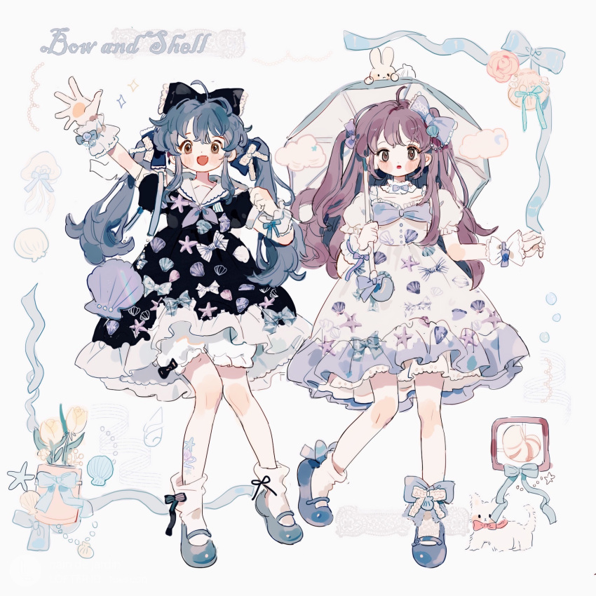 2girls, ahoge, arm_up, bag, black_bow, black_dress, black_ribbon, bloomers, blue_bag, blue_bow, blue_bowtie, blue_hair, blue_neckerchief, blue_shoes, blue_umbrella, blush_stickers, bow, bow_choker, bow_legwear, bowtie, brown_eyes, buttons, cat, choker, clenched_hand, closed_mouth, clouds, collared_dress, commentary, crab_print, crescent, dress, english_commentary, english_text, eyelashes, eyeshadow, fashion, flower, frilled_bow, frilled_bowtie, frilled_dress, frilled_wrist_cuffs, frills, frown, full_body, hair_bow, highres, holding, holding_umbrella, jellyfish, lolita_fashion, long_hair, looking_at_viewer, makeup, mary_janes, multiple_girls, multiple_hair_bows, neckerchief, open_mouth, original, outstretched_arm, petticoat, pink_eyeshadow, pink_flower, pink_rose, plant, potted_plant, puffy_short_sleeves, puffy_sleeves, purple_bow, purple_hair, putong_xiao_gou, rabbit, red_bow, red_bowtie, red_lips, ribbon, ribbon-trimmed_socks, ribbon_trim, rose, sailor_collar, shell, shell_bag, shell_print, shoes, short_dress, short_sleeves, shoulder_bag, smile, socks, sparkle, star_(symbol), starfish_print, straight-on, striped_bow, tulip, twintails, two_side_up, umbrella, white_background, white_bloomers, white_choker, white_dress, white_flower, white_sailor_collar, white_socks, white_tulip, white_wrist_cuffs, wrist_bow, wrist_cuffs