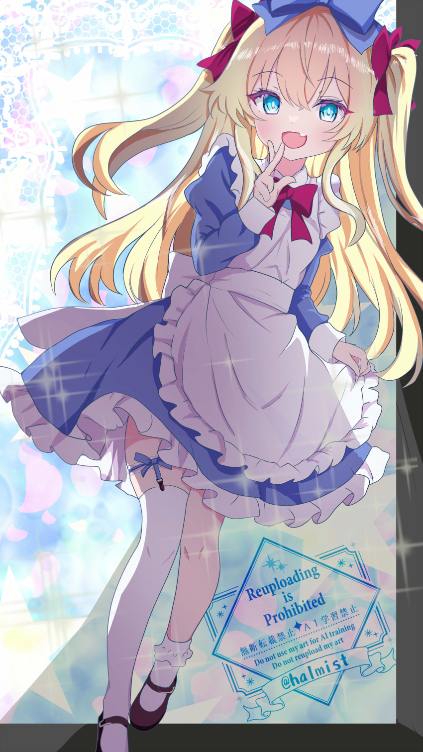 1girl, absurdres, alice_(alice_in_wonderland), alice_in_wonderland, apron, black_shoes, blonde_hair, blue_dress