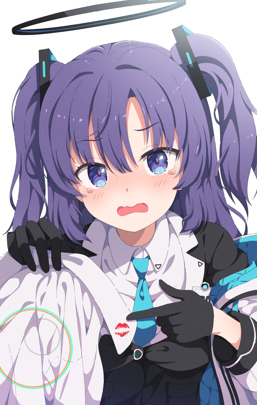 1girl, absurdres, black_gloves, black_halo, black_suit, blue_archive, blue_eyes, blue_necktie