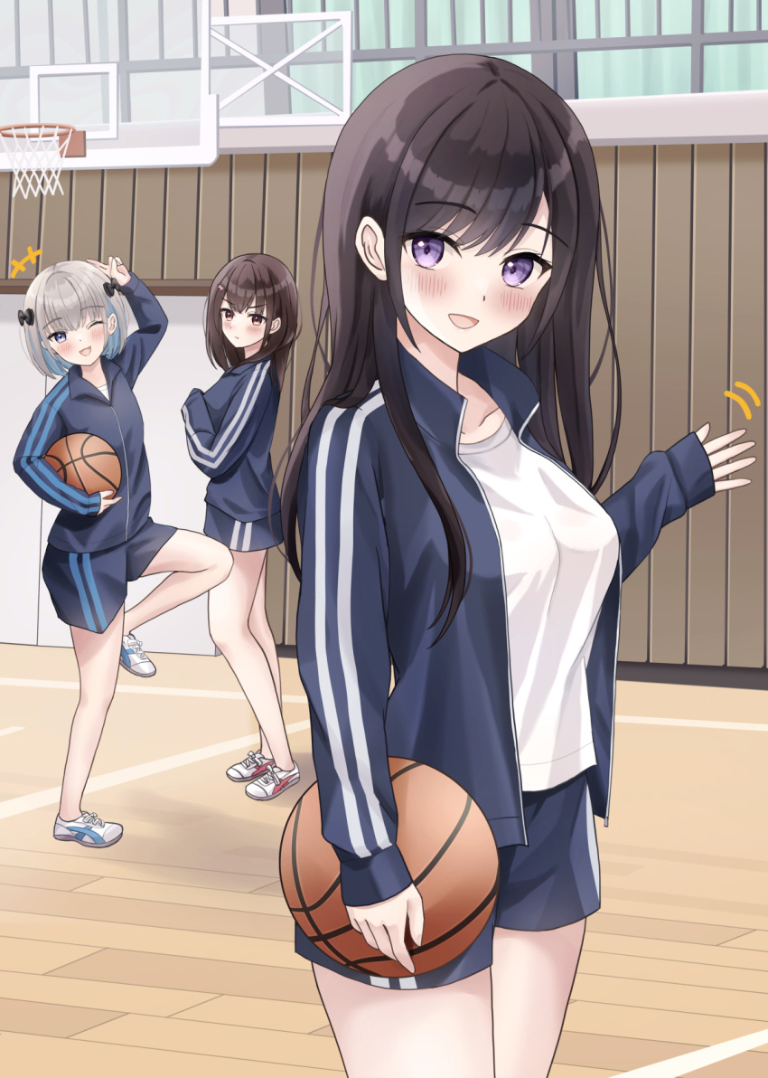 +++, 3girls, :d, ;d, arm_up, ball, basketball_(object), basketball_hoop