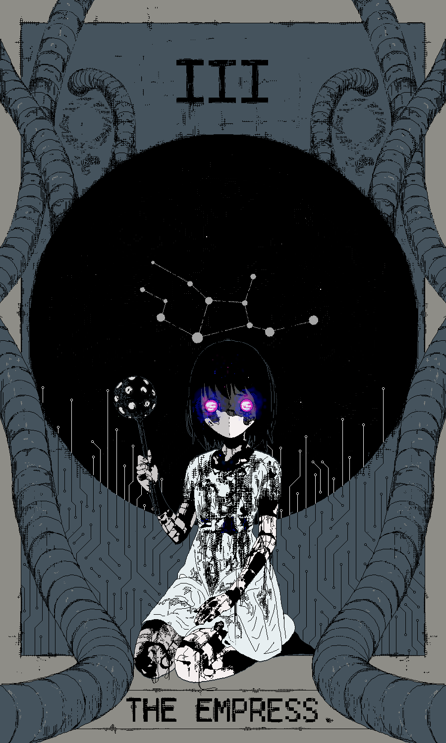 1girl, artificial_eye, black_hair, border, cable, card_(medium), circle, commentary