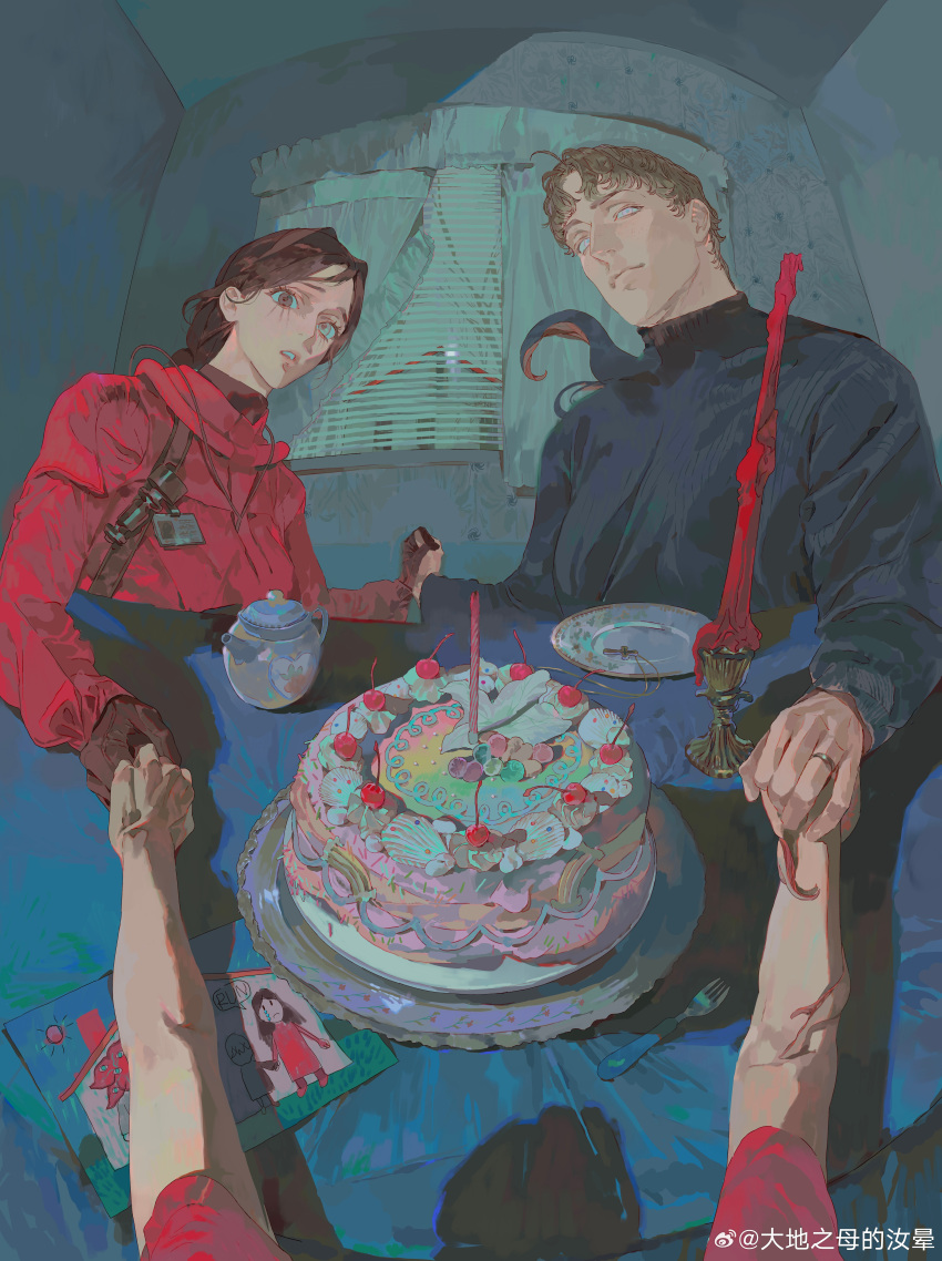 1boy, 1girl, absurdres, blonde_hair, blue_shirt, brown_gloves, brown_hair, cake