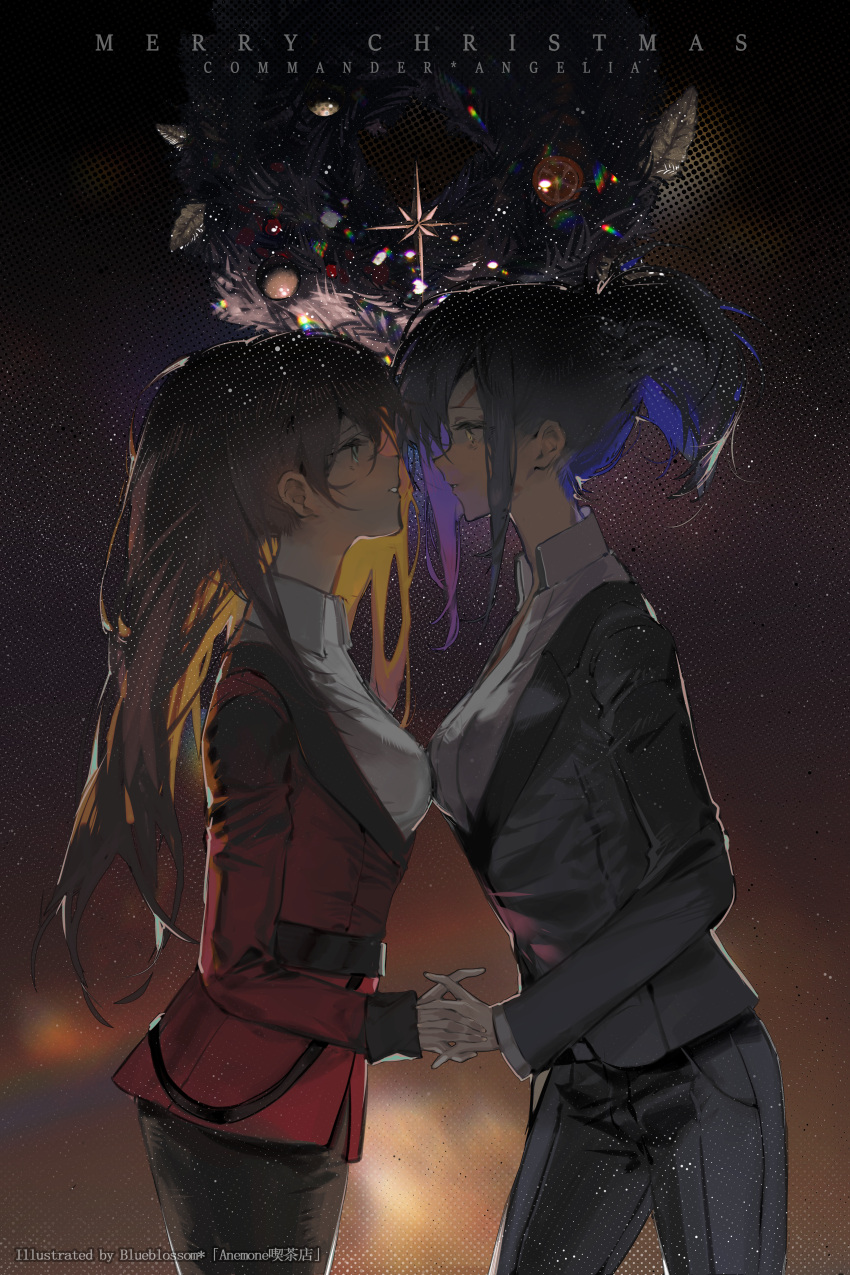 2girls, absurdres, angelia_(girls'_frontline), artist_name, black_hair, black_jacket, blueblossom, breast_press