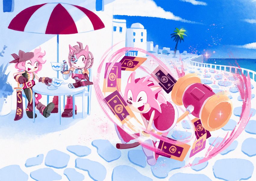 >_<, 3girls, :d, amy_rose, animal_ears, apotos, belt, black_rose_(sonic_prime)