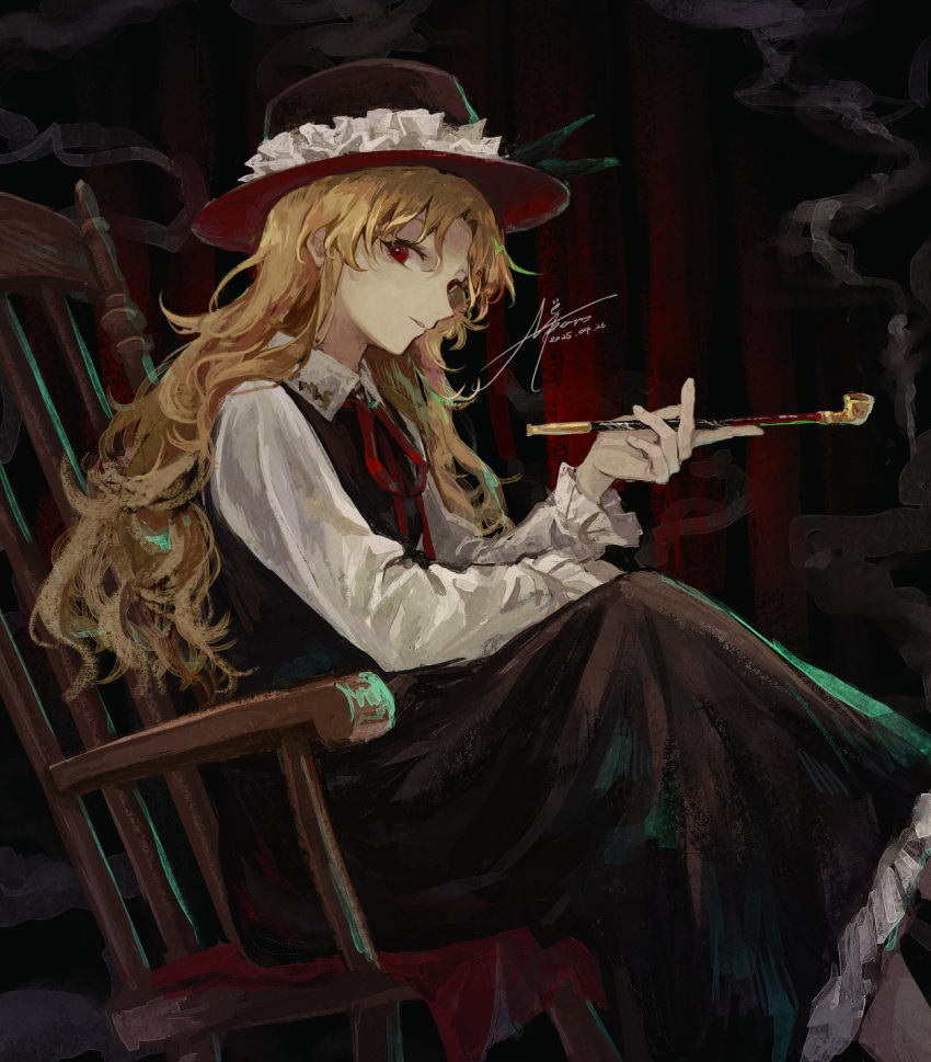 1girl, artist_name, black_dress, black_hat, blonde_hair, chair, collared_shirt, day