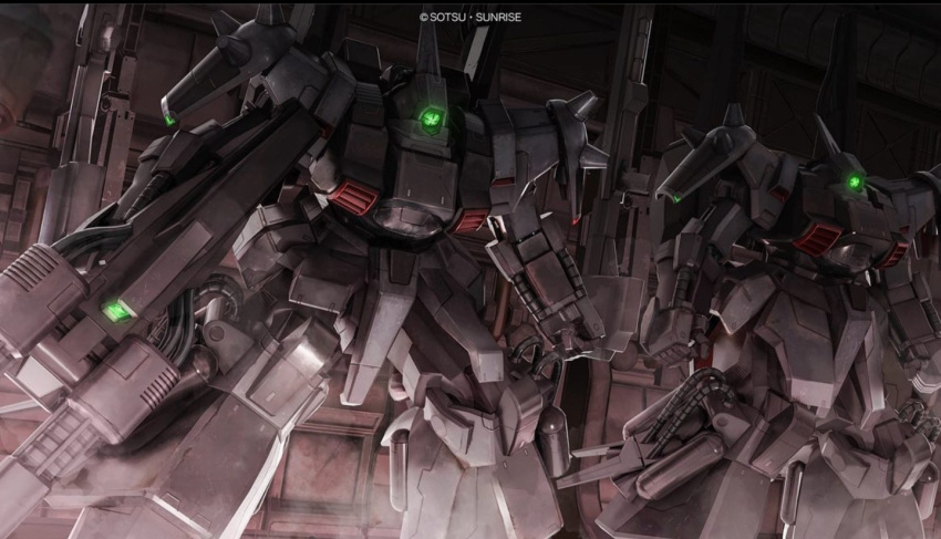 artist_request, beam_cannon, cable, copyright_logo, gundam, gundam_battle_operation_2, hangar, machinery