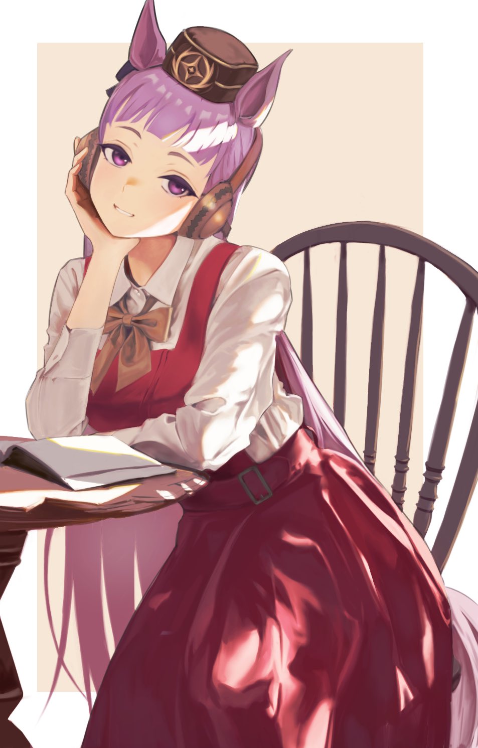 1girl, animal_ears, arm_on_table, belt, blue_eyes, blunt_bangs, book, bow