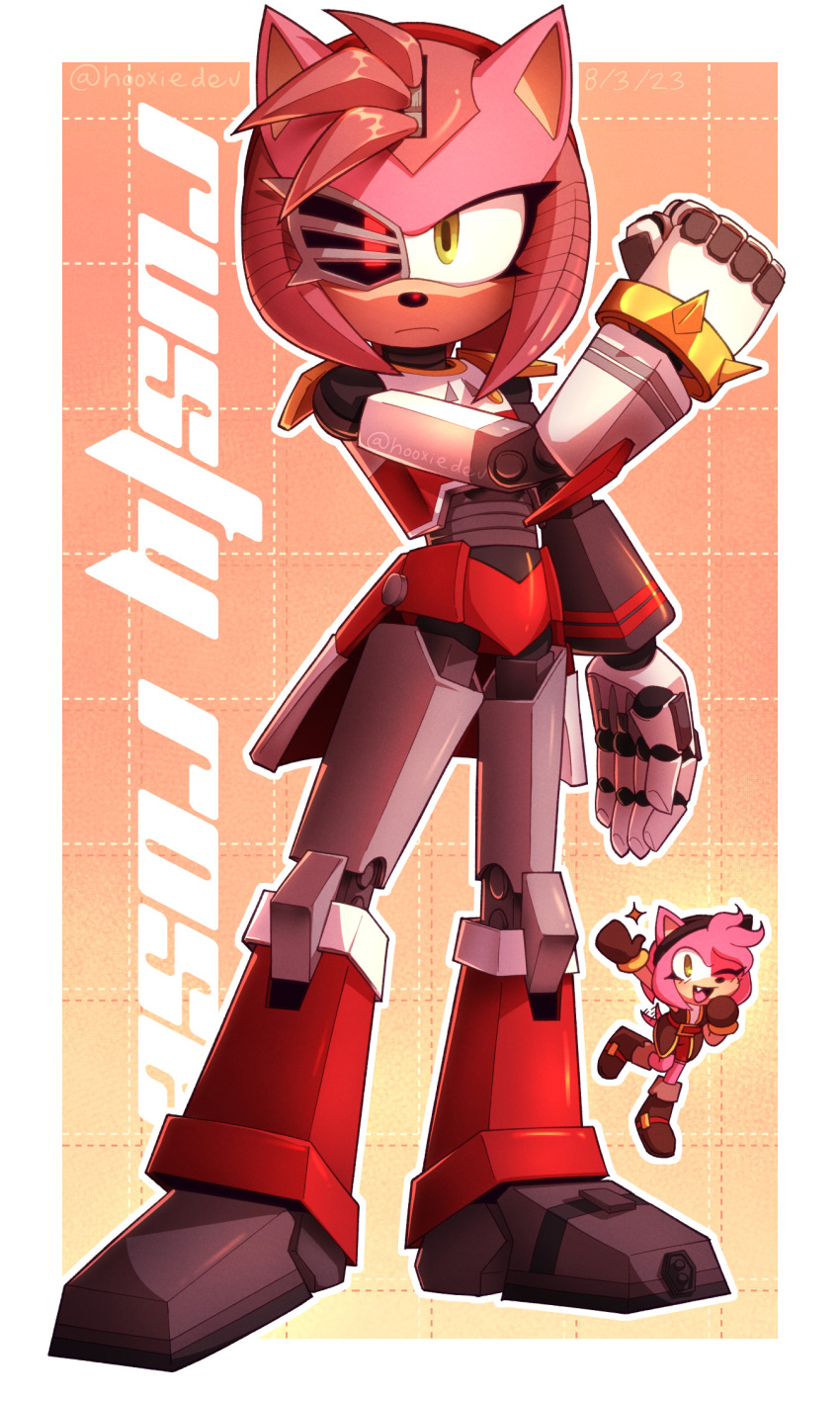 2girls, :d, android, animal_ears, animal_nose, artificial_eye, artist_name, black_rose_(sonic_prime)