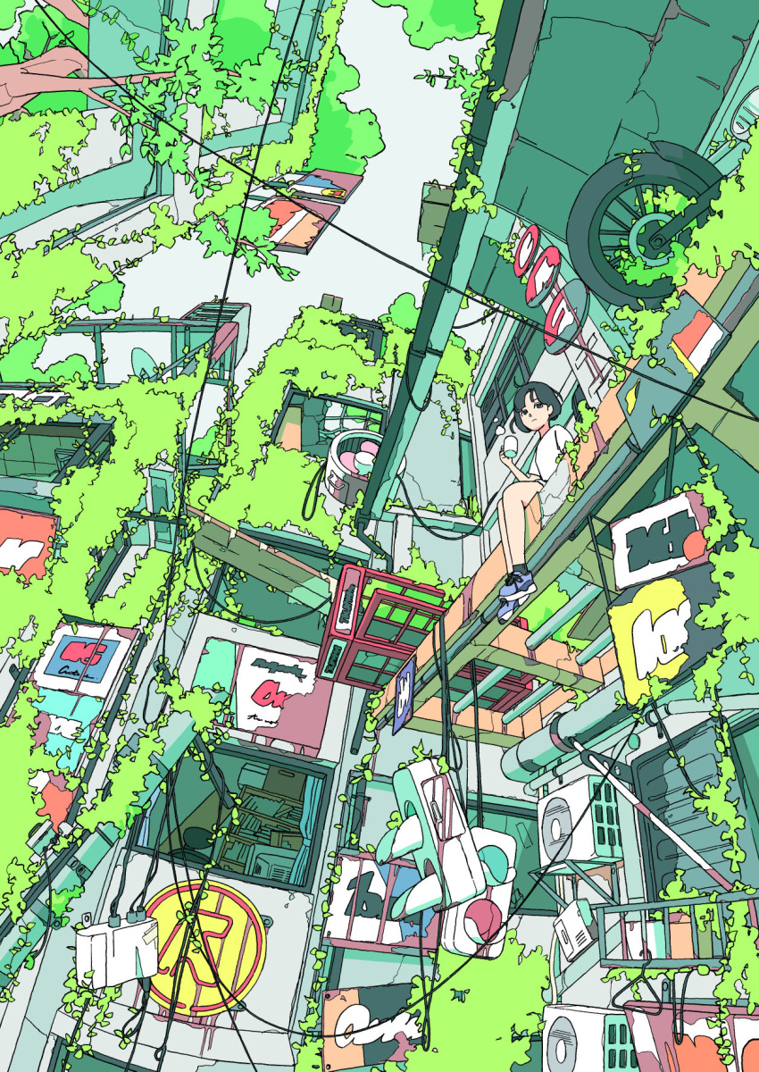 1girl, akabane_1999, architecture, black_hair, broken, broken_down, building, city