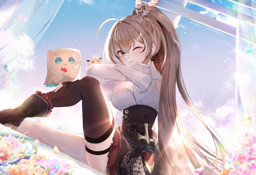 1girl, ahoge, belt, black_belt, black_thighhighs, blue_flower, boots, breasts
