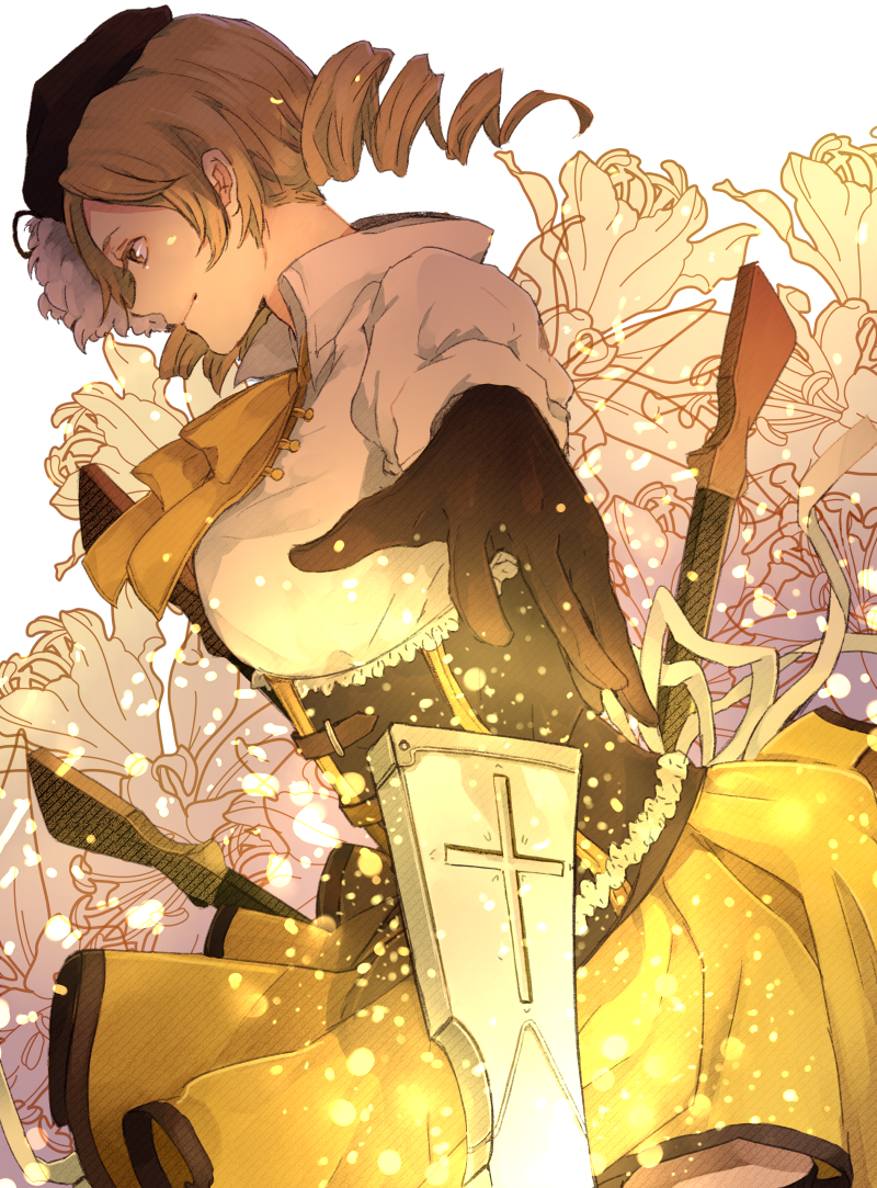 beret, blonde_hair, drill_hair, flower, foreshortening, gloves, gun, hat, light_particles, light_smile, magical_girl, magical_musket, mahou_shoujo_madoka_magica, nigou2, nigou_(kakure28), outstretched_arm, outstretched_hand, profile, puffy_sleeves, rifle, skirt, solo, tomoe_mami, twintails, weapon, yellow_eyes