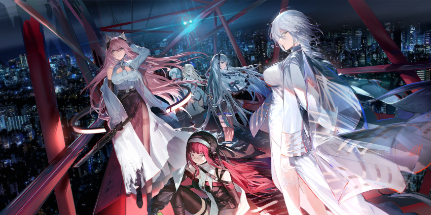 6+girls, animal_ears, black_skirt, black_thighhighs, blonde_hair, breasts, cat_ears, character_request, city, city_lights, cityscape, full_body, game_cg, girls'_frontline_neural_cloud, girls_frontline, glasses, grey_hair, highres, holding, holding_sword, holding_weapon, lab_coat, laowei_shi_tu, large_breasts, lens_flare, long_hair, looking_at_viewer, multiple_girls, night, official_art, pantyhose, persicaria_shining_edge_(neural_cloud), pink_hair, red_hair, sideways_glance, skirt, sword, thigh-highs, third-party_source, weapon, white_hair