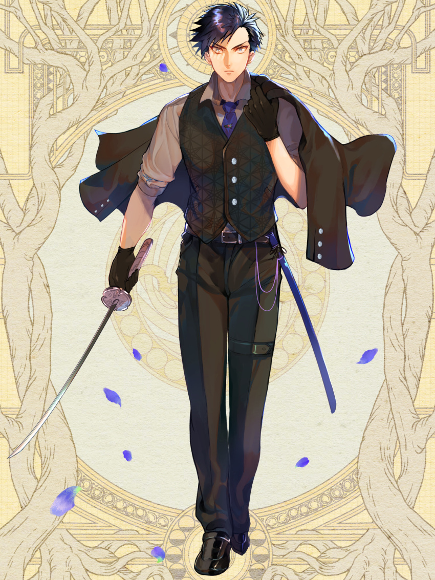 1boy, belt, black_gloves, black_hair, black_pants, black_shoes, black_vest, dairoku_ryouhei