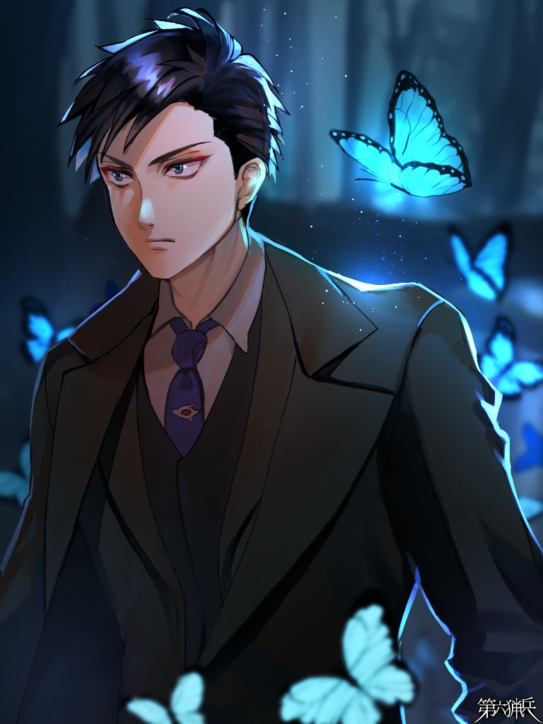 1boy, black_suit, black_vest, blue_butterfly, blue_necktie, bug, butterfly, copyright_name