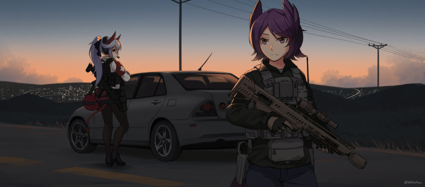 2girls, absurdres, armband, assault_rifle, bag, black_gloves, black_skirt, blue_pants, blue_sky, brown_pantyhose, bullpup, clouds, collared_shirt, commentary, commission, demon_girl, demon_horns, demon_tail, denim, english_commentary, general_dynamics_ngsw, gloves, green_shirt, grey_hair, gun, handgun, highres, holding, holding_gun, holding_weapon, horns, jeans, long_hair, long_sleeves, multiple_girls, ndtwofives, original, outdoors, pants, pantyhose, pleated_skirt, ponytail, power_lines, purple_hair, rifle, shirt, shoulder_bag, sig_p220/p226, skirt, sky, steyr_acr, sunrise, tail, utility_pole, very_long_hair, violet_eyes, weapon, white_shirt
