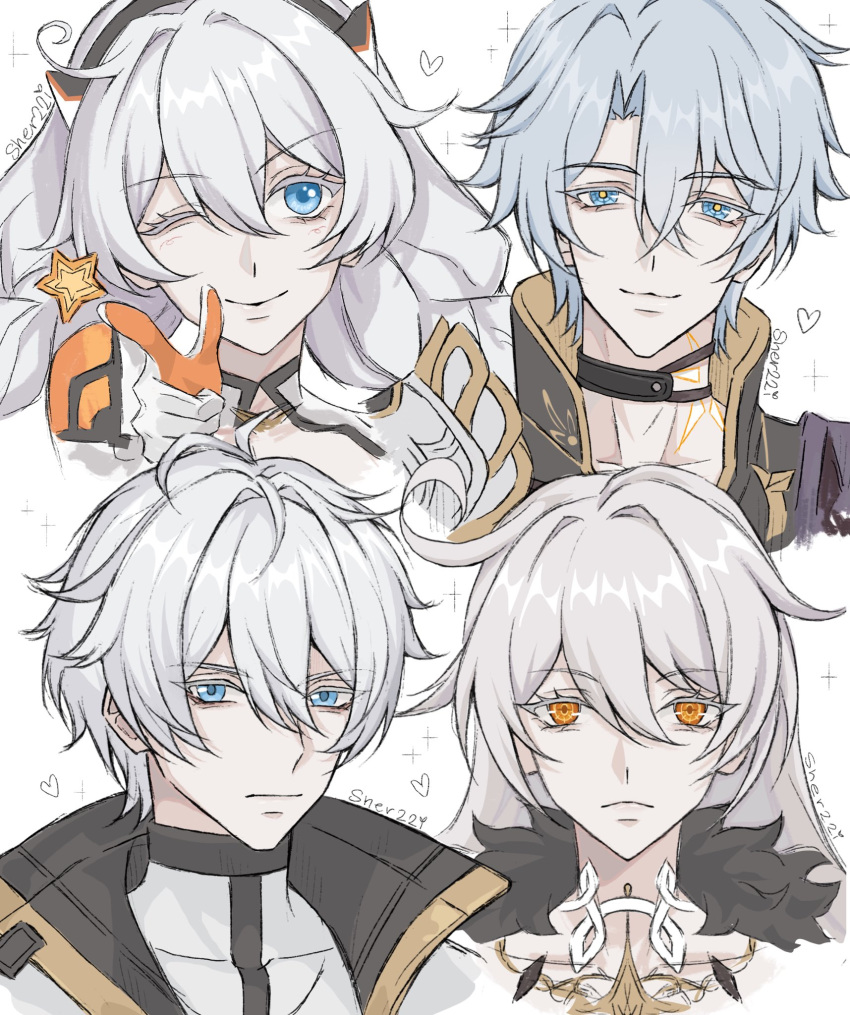 2boys, 2girls, animal_ear_hairband, animal_ears, artist_name, black_choker, cape, cat_ear_hairband
