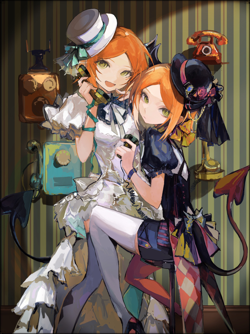 2boys, 2wink_(ensemble_stars!), :d, absurdres, antique_phone, aoi_hinata, aoi_yuta, asymmetrical_legwear, bishounen, black_shorts, bow, bowl, bowl_hat, bracelet, cable, criss-cross_straps, demon_horns, demon_tail, dress, ensemble_stars!, expressionless, face-to-face, frilled_dress, frilled_sleeves, frills, green_eyes, hat, hat_bow, hat_chain, hat_ribbon, high-low_dress, high_heels, highres, holding, holding_phone, horns, idol, jewelry, looking_back, male_focus, merumerunu39, mismatched_legwear, multiple_boys, neck_ribbon, orange_hair, parted_bangs, phone, phone_on_wall, puffy_short_sleeves, puffy_sleeves, pumps, red_thighhighs, ribbon, short_hair, short_sleeves, shorts, siblings, sitting, smile, strap, striped_wall, tail, tail_bow, tail_ornament, tailcoat, thigh-highs, top_hat, twins, white_dress, white_thighhighs