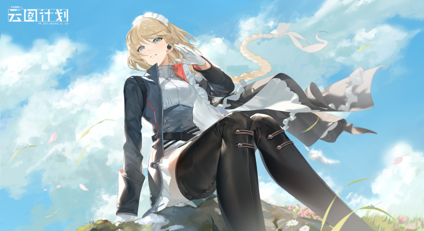 1girl, absurdres, adjusting_hair, black_thighhighs, blonde_hair, blue_sky, braid, braided_ponytail