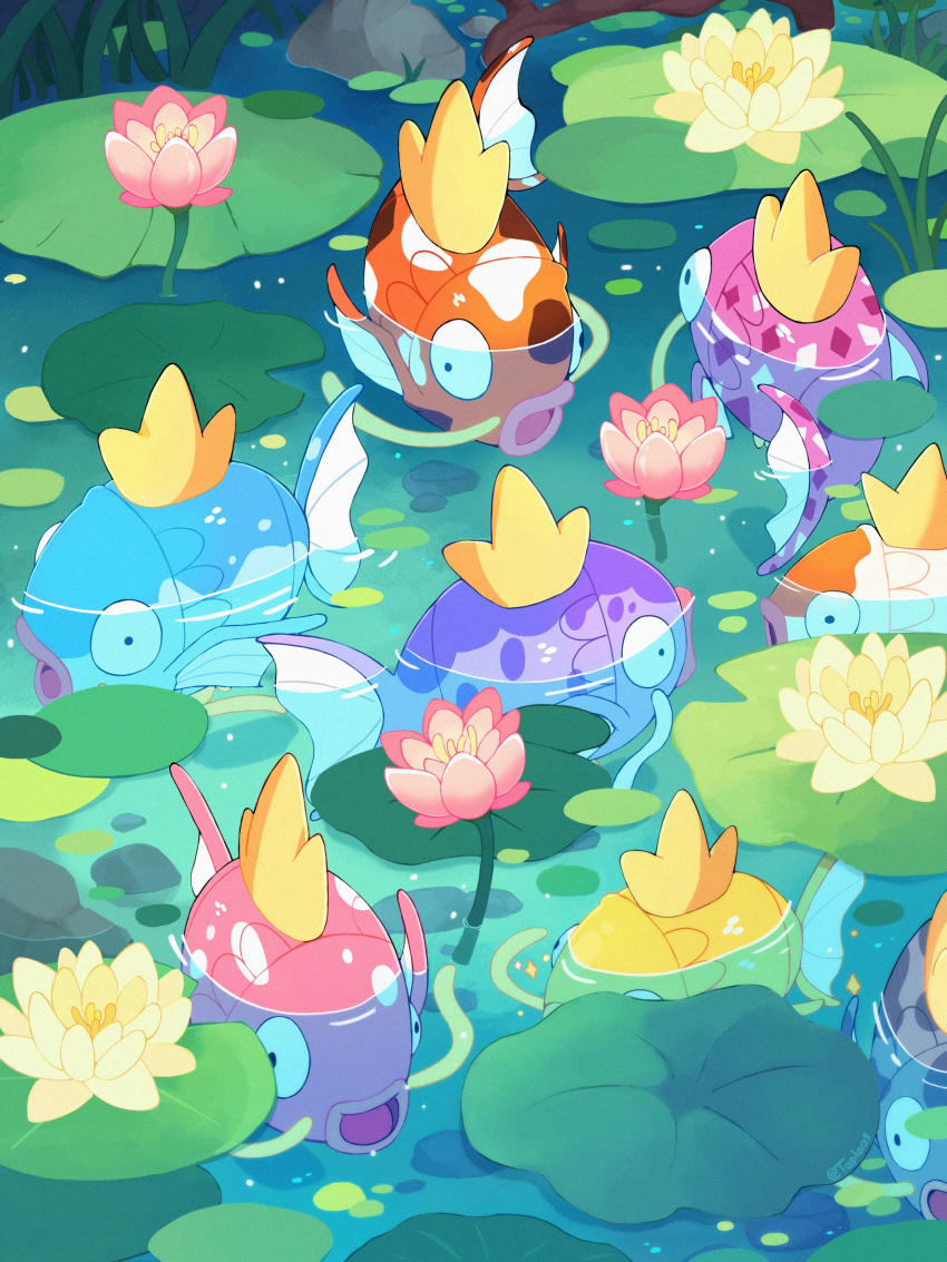 absurdres, alternate_color, alternate_shiny_pokemon, day, fish, flower, highres, lily_pad