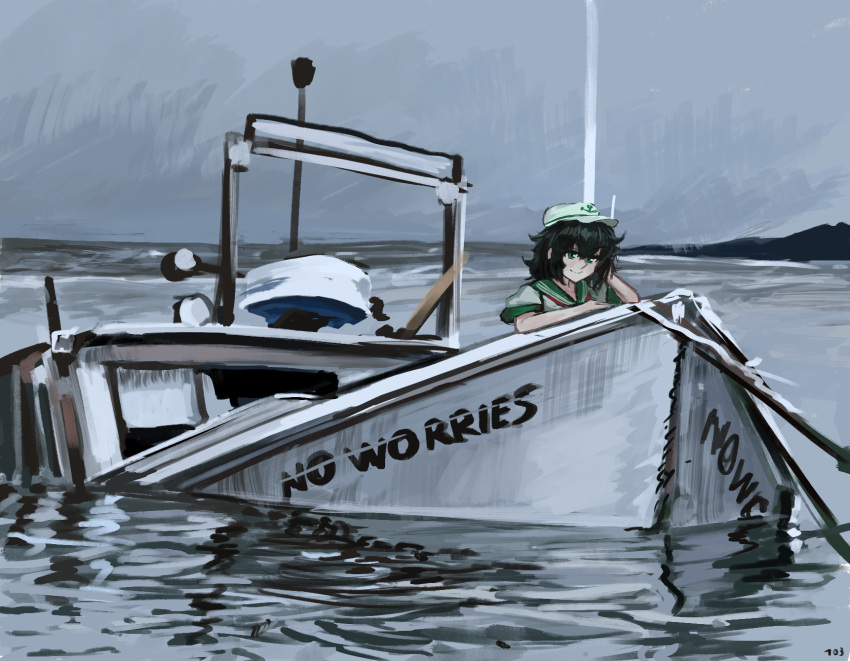 103anon, 1girl, anchor_symbol, black_hair, boat, collared_shirt, green_eyes, hat