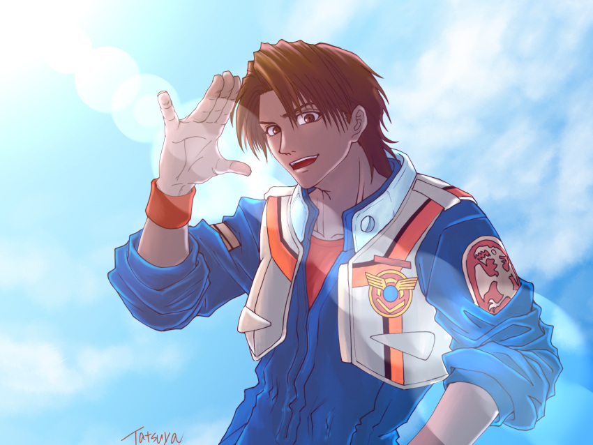 1boy, \|||/, brown_eyes, brown_hair, clouds, cloudy_sky, commentary_request, hand_up, highres, isamu_dyson, jumpsuit, junkichi1222_(ryuya), lens_flare, light_rays, macross, macross_plus, military_rank_insignia, military_uniform, mullet, open_mouth, science_fiction, signature, sky, sunbeam, sunlight, vest, wristband