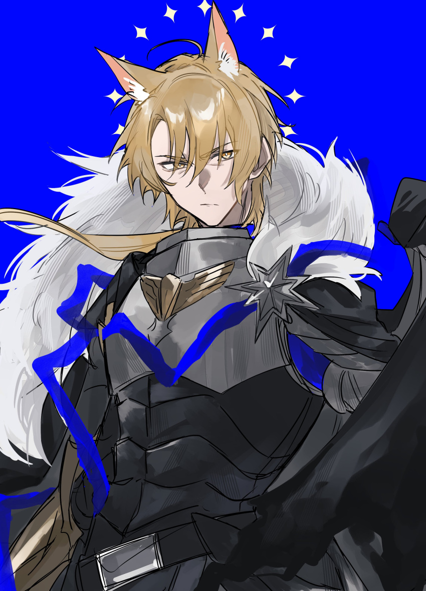 1boy, absurdres, animal_ears, arknights, armor, belt, black_belt, blonde_hair