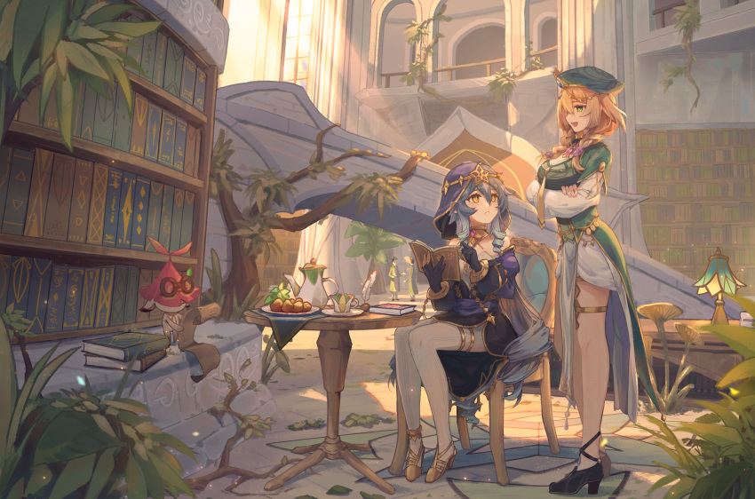 2girls, bare_shoulders, black_gloves, blonde_hair, blue_hair, book, braid, breasts