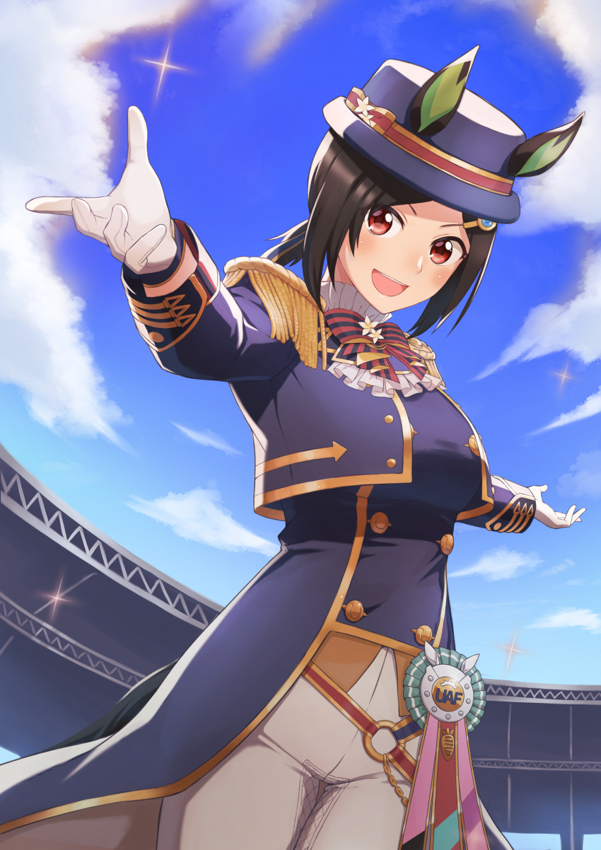 1girl, absurdres, animal_ears, black_hair, blue_hat, blue_sky, blush, bow