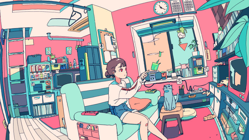 1girl, akabane_1999, boombox, brown_hair, bulletin_board, cat, cd_player, clock