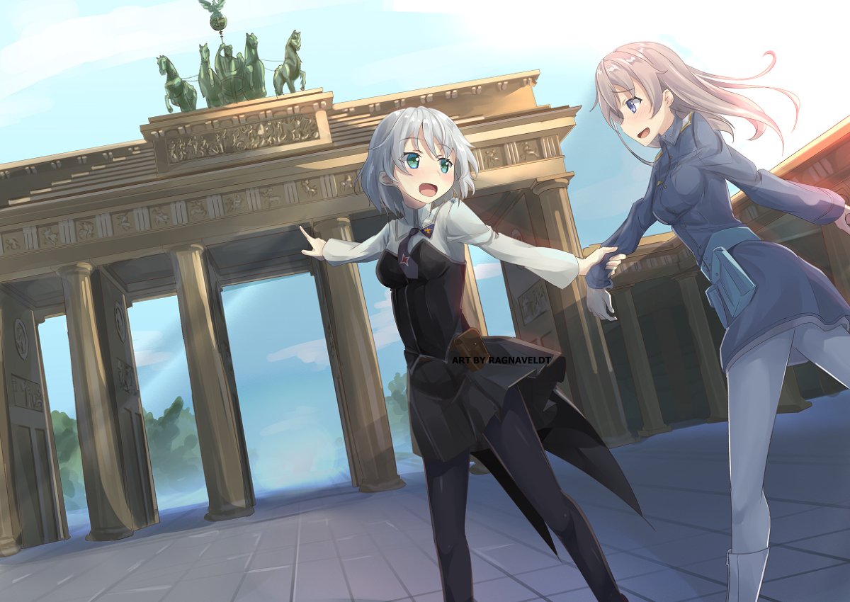 2girls, black_jacket, black_necktie, black_pantyhose, black_skirt, blue_jacket, blue_sky, boots