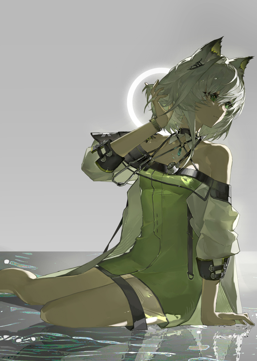 1girl, absurdres, adjusting_hair, animal_ears, arknights, backlighting, breasts, cat_ears, cat_girl, closed_mouth, commentary, deawei, dress, green_dress, green_eyes, highres, kal'tsit_(arknights), medium_hair, ring_light, sitting, small_breasts, solo, stethoscope, three-quarter_sleeves, watch, watch, white_hair
