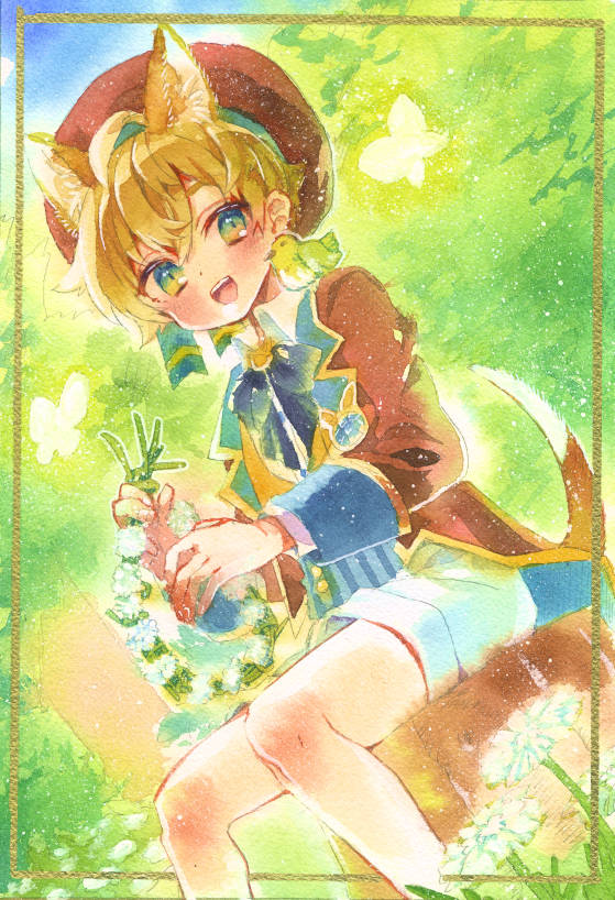 1boy, 211592, :d, ahoge, animal_ears, bird, blonde_hair, blue_eyes