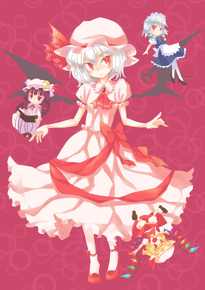 4girls, bat_wings, blonde_hair, bloomers, blue_hair, book, braid, chibi
