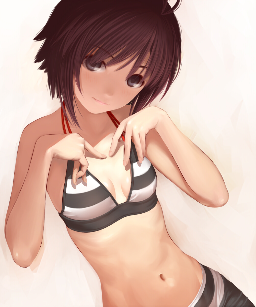 ahoge, bikini_top, blush, brown_eyes, brown_hair, face, fingernails, flat_chest, hands, head_tilt, highres, hip_bones, idolmaster, kikuchi_makoto, light_smile, lips, looking_at_viewer, midriff, navel, nekopuchi, short_hair, simple_background, skinny, solo, waist