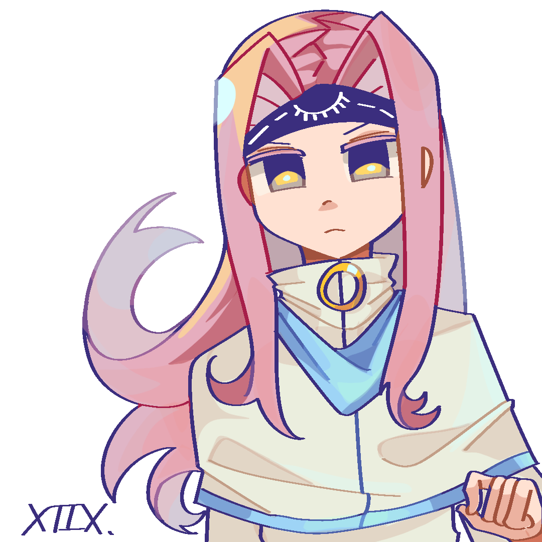 1boy, blue_headband, blue_trim, capelet, chinese_commentary, closed_mouth, colored_eyelashes, commentary_request, curtained_hair, enein_rundall, frown, hand_up, headband, kuaikuaikuaikuaikuaituguai, long_hair, male_focus, parted_bangs, pink_hair, saibou_shinkyoku, shirt, sidelocks, simple_background, solo, upper_body, white_background, white_capelet, white_shirt, yellow_eyes