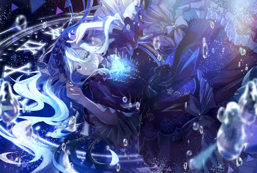 1girl, absurdres, air_bubble, black_bow, black_dress, blue_eyes, blue_hair, blue_ribbon, blue_theme, blurry, blurry_foreground, bow, bubble, clock, constellation, depth_of_field, double-parted_bangs, dress, dress_bow, floating_hair, frilled_dress, frilled_hairband, frilled_sleeves, frills, hair_between_eyes, hairband, hands_up, headdress, highres, light_particles, lolita_hairband, long_hair, looking_at_viewer, minasoko_ni_kage_wo_sagashite_(project_sekai), nekozamurai0929, official_alternate_costume, parted_lips, project_sekai, ribbon, roman_numeral, solo, triangle, underwater, very_long_hair, white_bow, white_hair, yoisaki_kanade