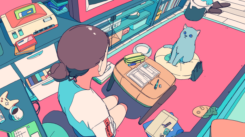 1girl, akabane_1999, animal, blue_eyes, brown_hair, cat, coffee, commentary_request