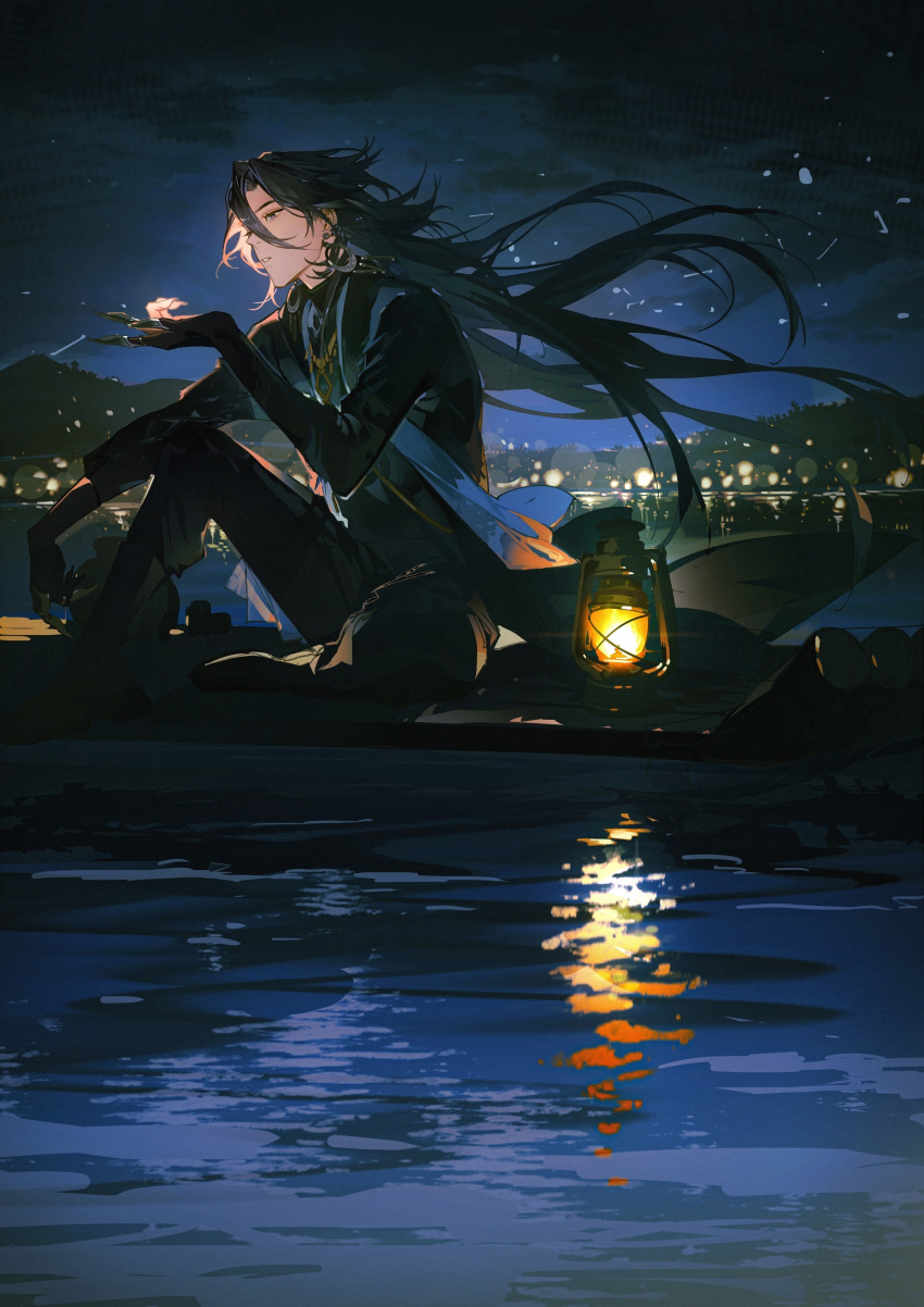 1boy, absurdres, black_boots, black_gloves, black_hair, black_hanfu, black_pants, boots