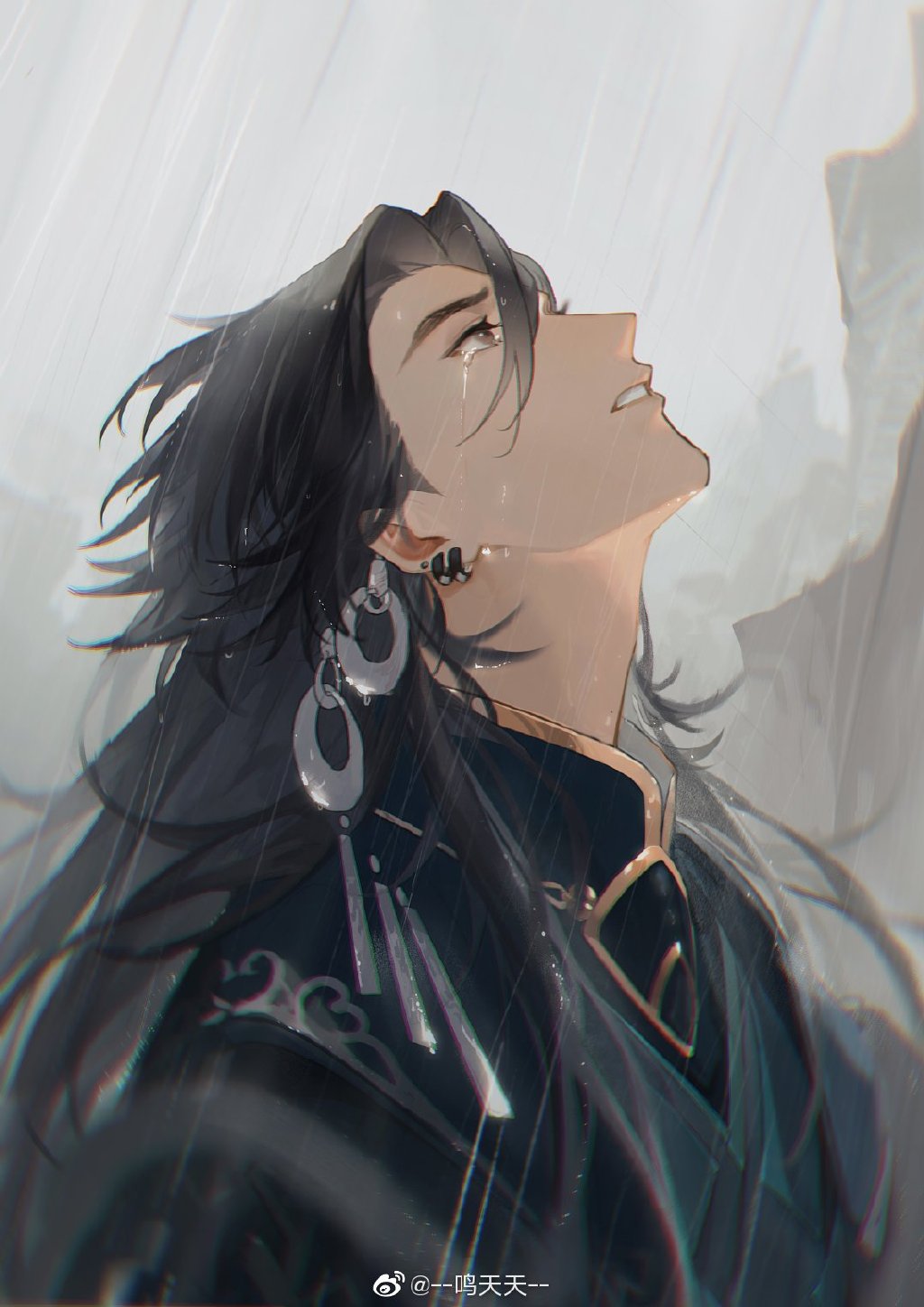 1boy, black_hair, black_hanfu, blurry, blurry_foreground, brown_eyes, chinese_clothes, chinese_commentary