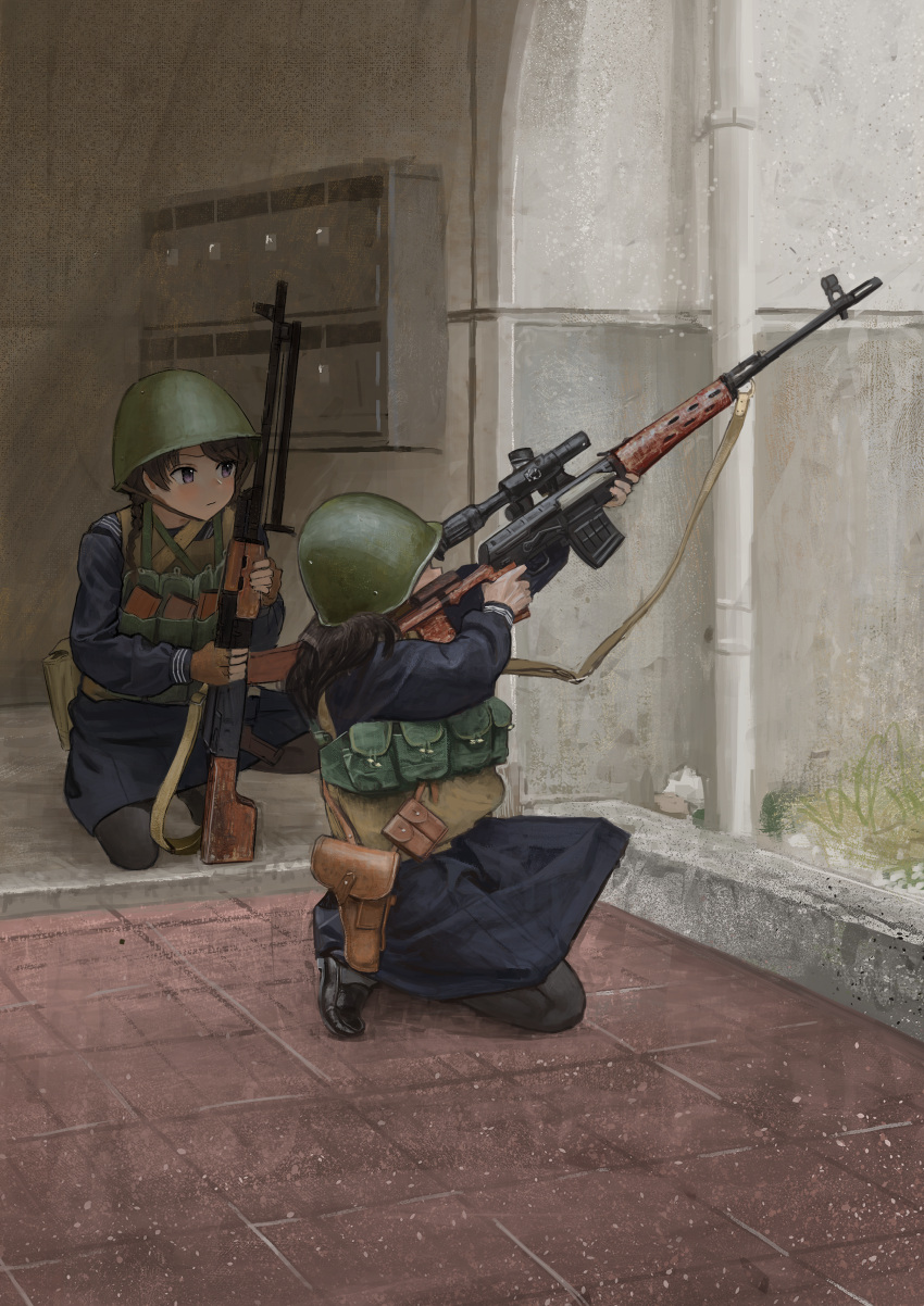 2girls, absurdres, aiming, blue_jacket, blue_serafuku, blue_skirt, brown_eyes, brown_hair