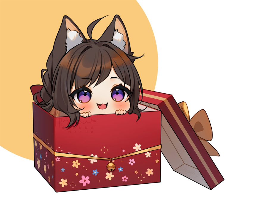 1girl, ahoge, animal_ear_fluff, animal_ears, bell, blush, bow, box