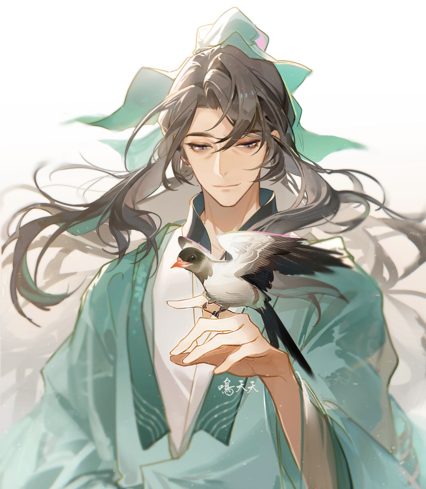 1boy, absurdres, artist_name, bags_under_eyes, bird, bird_on_hand, brown_hair, chinese_clothes