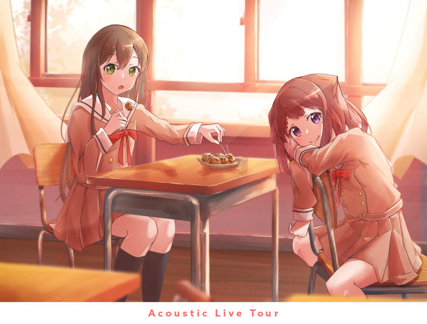 2girls, against_chair, bang_dream!, black_hair, border, brown_dress, brown_hair, buttons