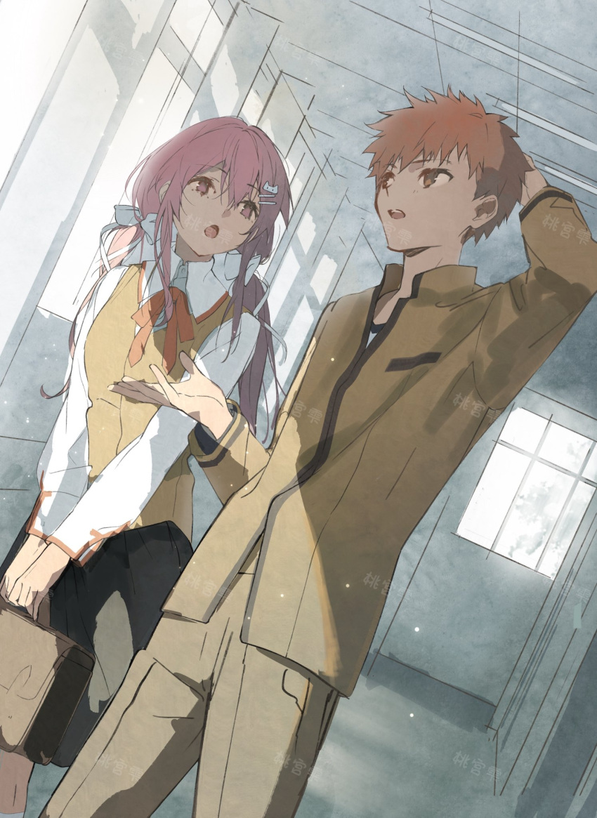 1boy, 1girl, black_skirt, blush, bow, breaker_gorgon, breasts, brown_vest